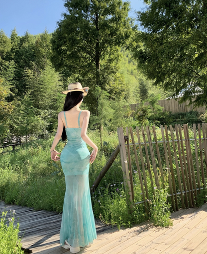 French Style Lace Trimmed Maxi Dress Graceful Tulle Overlay Double Layers Long Dress AP1254