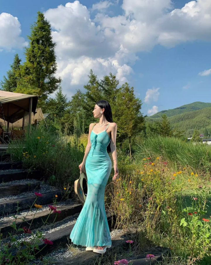 French Style Lace Trimmed Maxi Dress Graceful Tulle Overlay Double Layers Long Dress AP1254