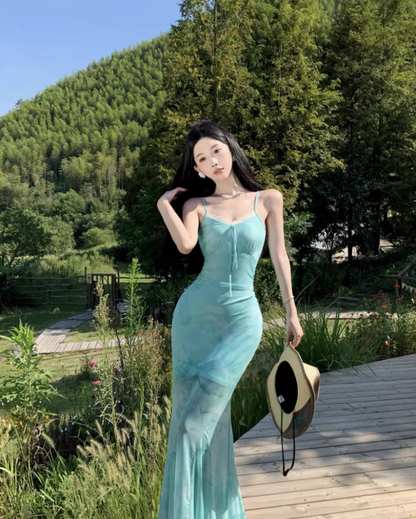 French Style Lace Trimmed Maxi Dress Graceful Tulle Overlay Double Layers Long Dress AP1254