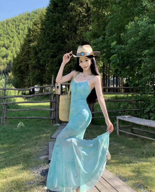 French Style Lace Trimmed Maxi Dress Graceful Tulle Overlay Double Layers Long Dress AP1254