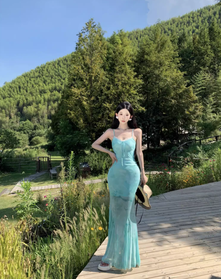 French Style Lace Trimmed Maxi Dress Graceful Tulle Overlay Double Layers Long Dress AP1254