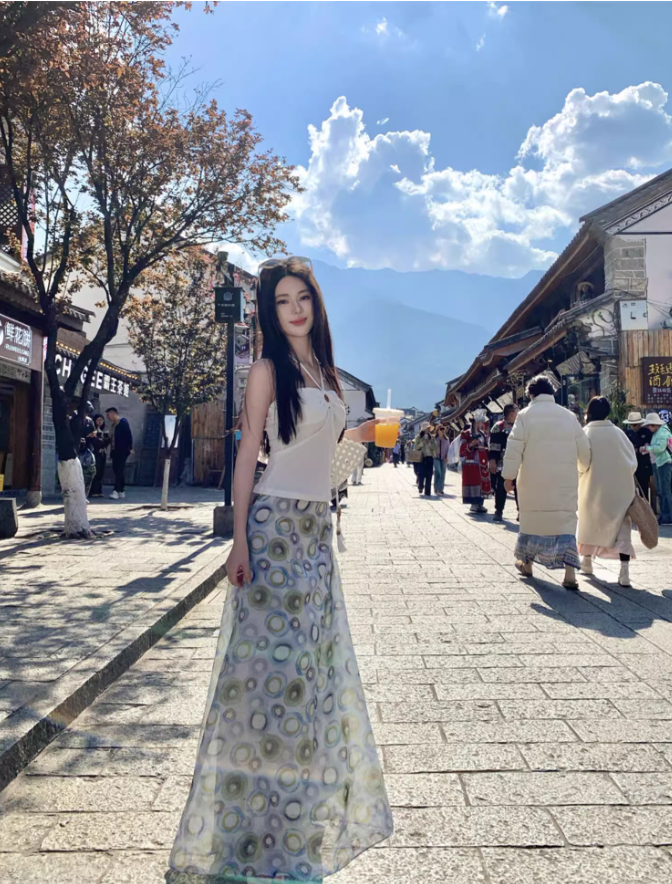 Bohemian Circle-Print Two-Piece Set Maxi Dress Chic Market Hangouts Halter Crop Top Long Dress AP1255