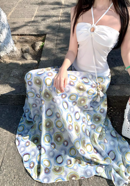 Bohemian Circle-Print Two-Piece Set Maxi Dress Chic Market Hangouts Halter Crop Top Long Dress AP1255