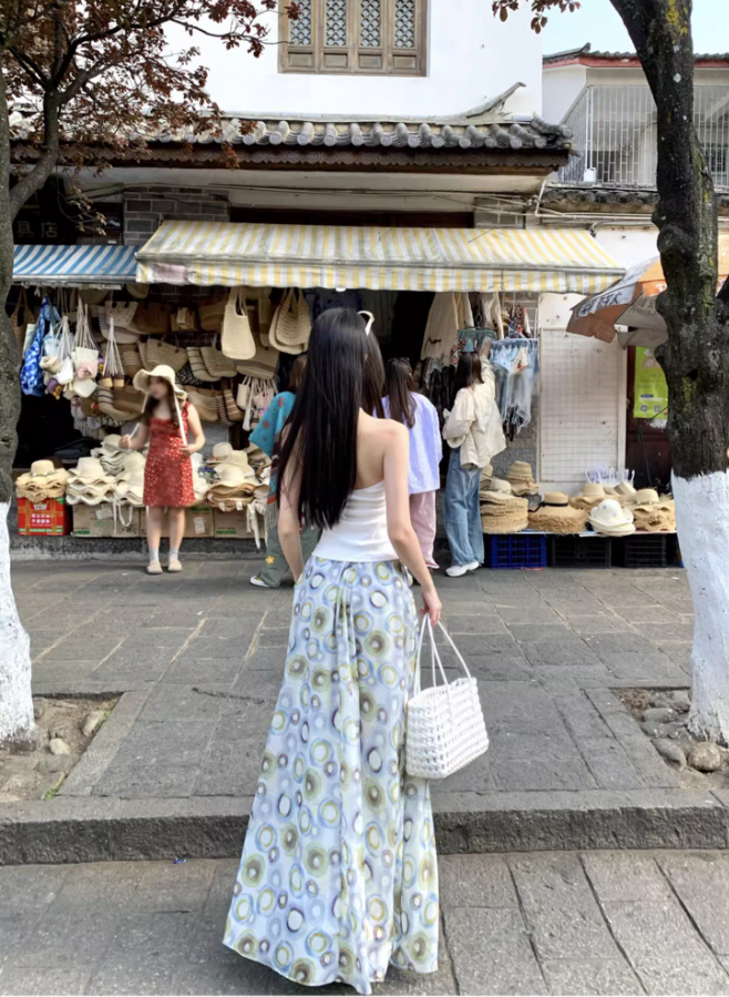 Bohemian Circle-Print Two-Piece Set Maxi Dress Chic Market Hangouts Halter Crop Top Long Dress AP1255