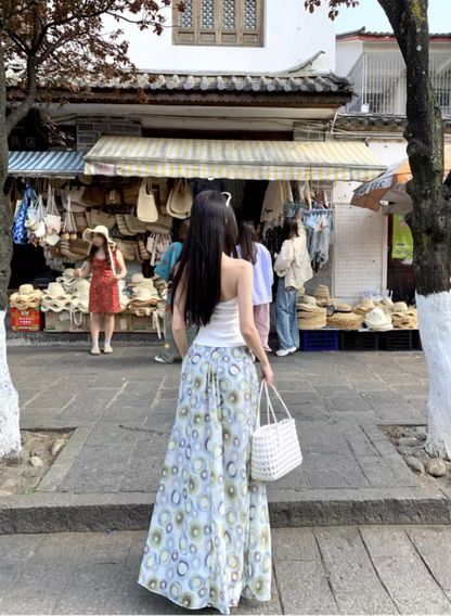 Bohemian Circle-Print Two-Piece Set Maxi Dress Chic Market Hangouts Halter Crop Top Long Dress AP1255
