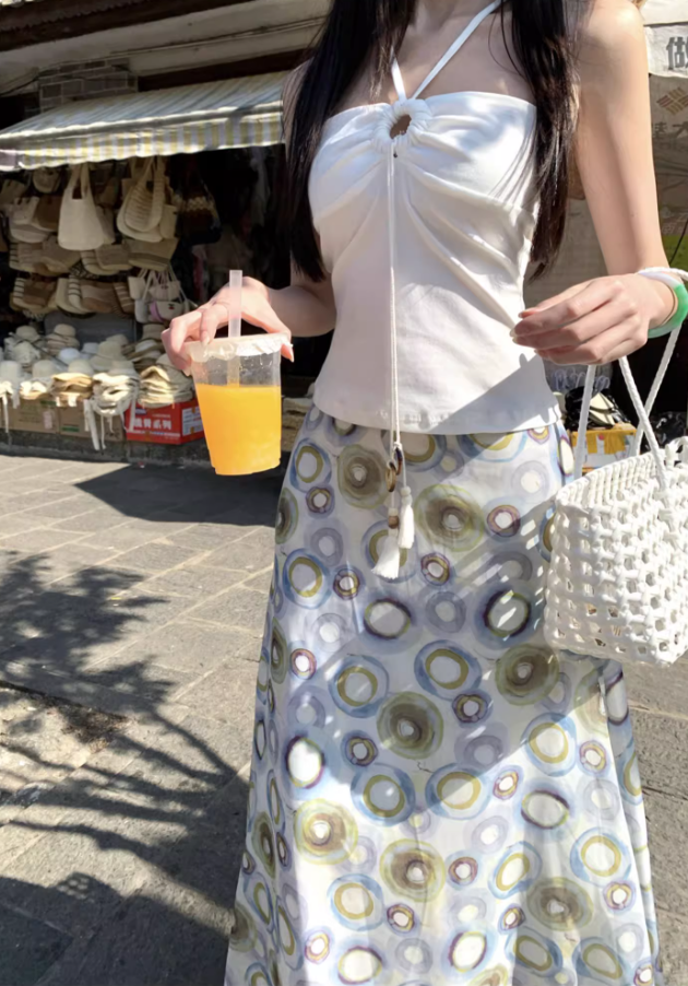 Bohemian Circle-Print Two-Piece Set Maxi Dress Chic Market Hangouts Halter Crop Top Long Dress AP1255