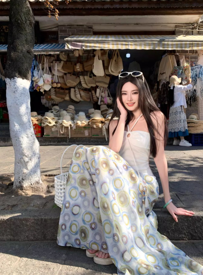 Bohemian Circle-Print Two-Piece Set Maxi Dress Chic Market Hangouts Halter Crop Top Long Dress AP1255