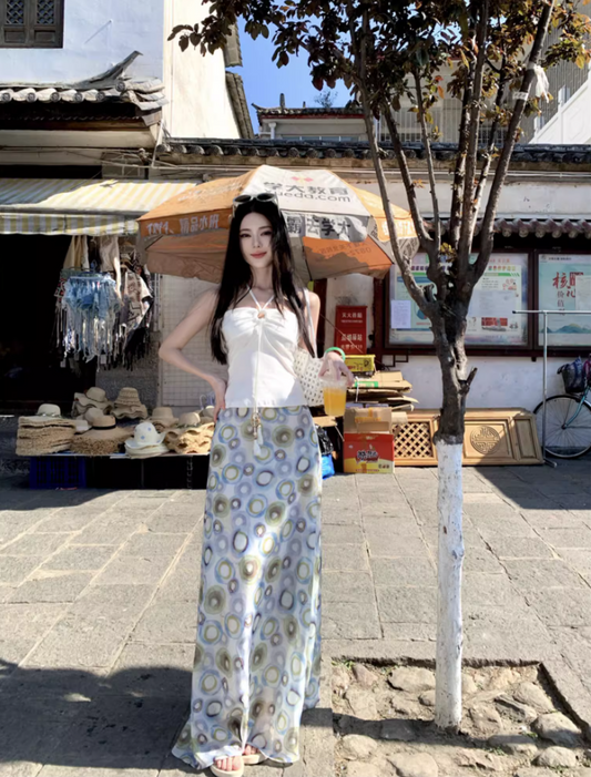 Bohemian Circle-Print Two-Piece Set Maxi Dress Chic Market Hangouts Halter Crop Top Long Dress AP1255