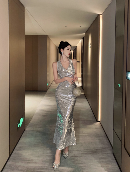 Charming Sparkling Sequins Birthday Party Maxi Dress V-Neck Mermaid Open-Back Halter Long Dress AP1256