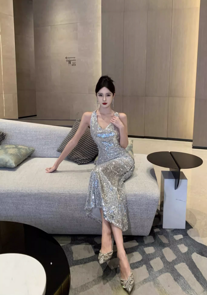 Charming Sparkling Sequins Birthday Party Maxi Dress V-Neck Mermaid Open-Back Halter Long Dress AP1256
