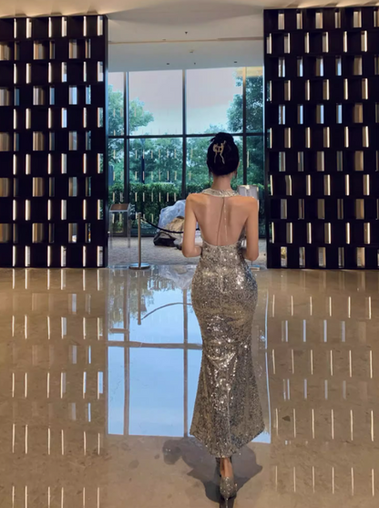 Charming Sparkling Sequins Birthday Party Maxi Dress V-Neck Mermaid Open-Back Halter Long Dress AP1256