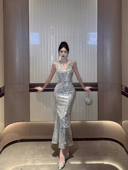 Charming Sparkling Sequins Birthday Party Maxi Dress V-Neck Mermaid Open-Back Halter Long Dress AP1256
