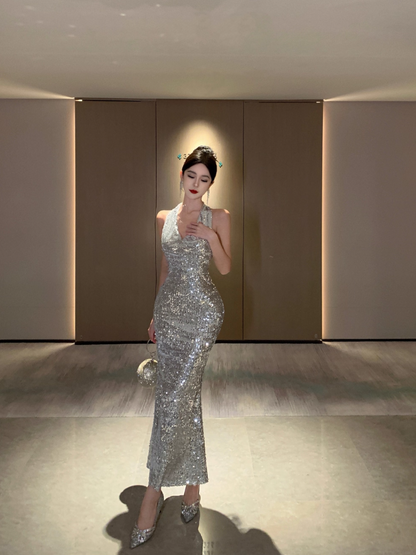 Charming Sparkling Sequins Birthday Party Maxi Dress V-Neck Mermaid Open-Back Halter Long Dress AP1256