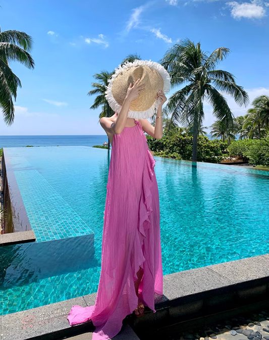 Vibrant Pink High-Slit Vacation Outfit Maxi Dress Chic Open-Back Ruffled Hem Halter Long Dress AP1257