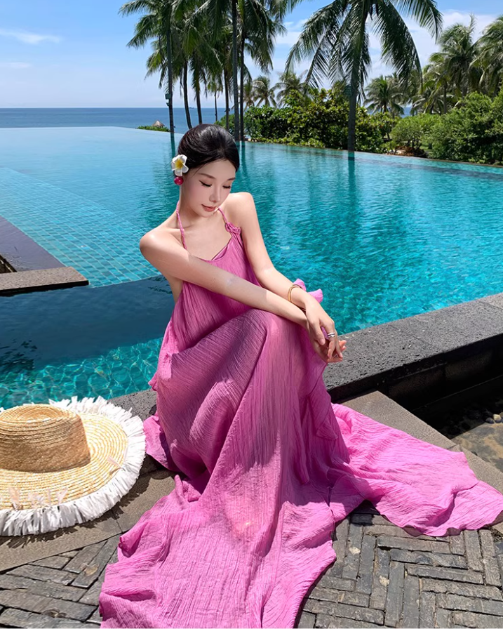 Vibrant Pink High-Slit Vacation Outfit Maxi Dress Chic Open-Back Ruffled Hem Halter Long Dress AP1257