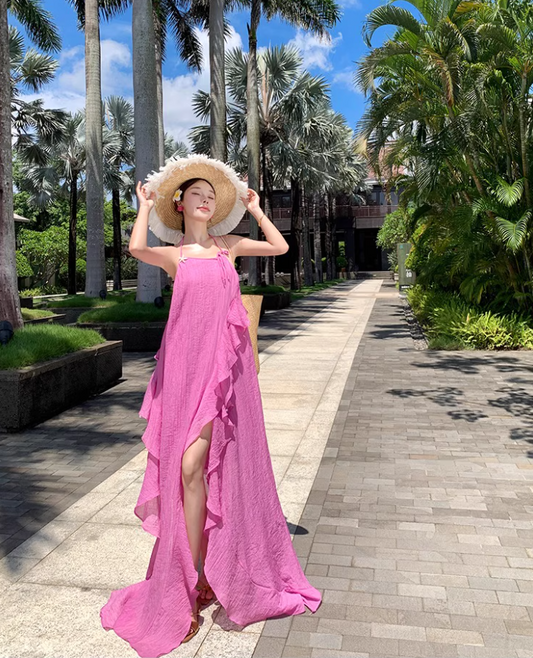 Vibrant Pink High-Slit Vacation Outfit Maxi Dress Chic Open-Back Ruffled Hem Halter Long Dress AP1257