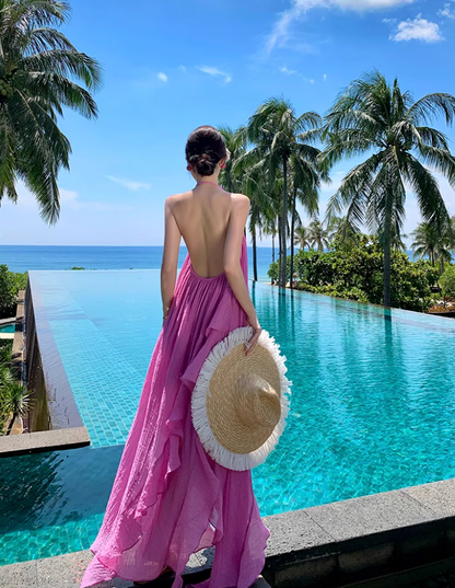 Vibrant Pink High-Slit Vacation Outfit Maxi Dress Chic Open-Back Ruffled Hem Halter Long Dress AP1257