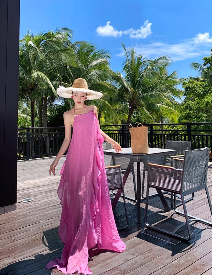 Vibrant Pink High-Slit Vacation Outfit Maxi Dress Chic Open-Back Ruffled Hem Halter Long Dress AP1257