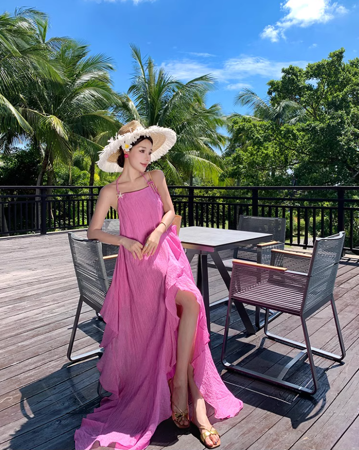 Vibrant Pink High-Slit Vacation Outfit Maxi Dress Chic Open-Back Ruffled Hem Halter Long Dress AP1257