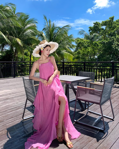 Vibrant Pink High-Slit Vacation Outfit Maxi Dress Chic Open-Back Ruffled Hem Halter Long Dress AP1257