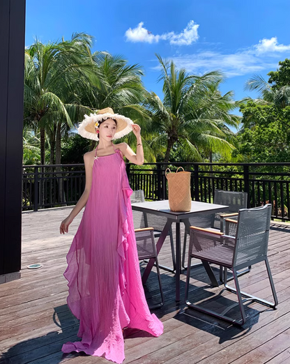 Vibrant Pink High-Slit Vacation Outfit Maxi Dress Chic Open-Back Ruffled Hem Halter Long Dress AP1257
