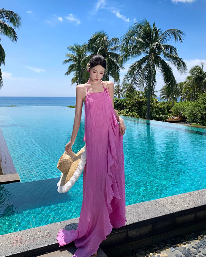 Vibrant Pink High-Slit Vacation Outfit Maxi Dress Chic Open-Back Ruffled Hem Halter Long Dress AP1257