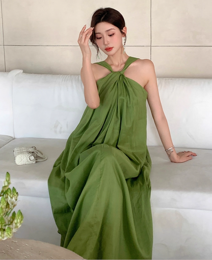 Casual Green V-Back Oversized Maxi Dress Minimalist Soft Fabric Halter Long Dress AP1258