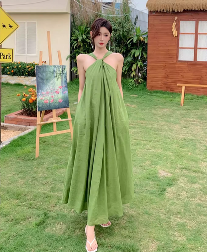 Casual Green V-Back Oversized Maxi Dress Minimalist Soft Fabric Halter Long Dress AP1258
