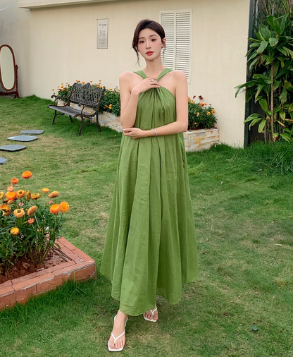 Casual Green V-Back Oversized Maxi Dress Minimalist Soft Fabric Halter Long Dress AP1258