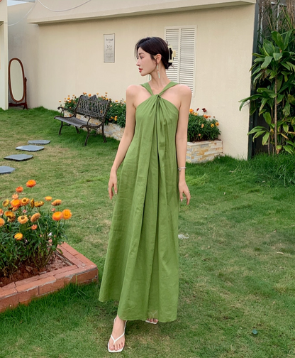 Casual Green V-Back Oversized Maxi Dress Minimalist Soft Fabric Halter Long Dress AP1258