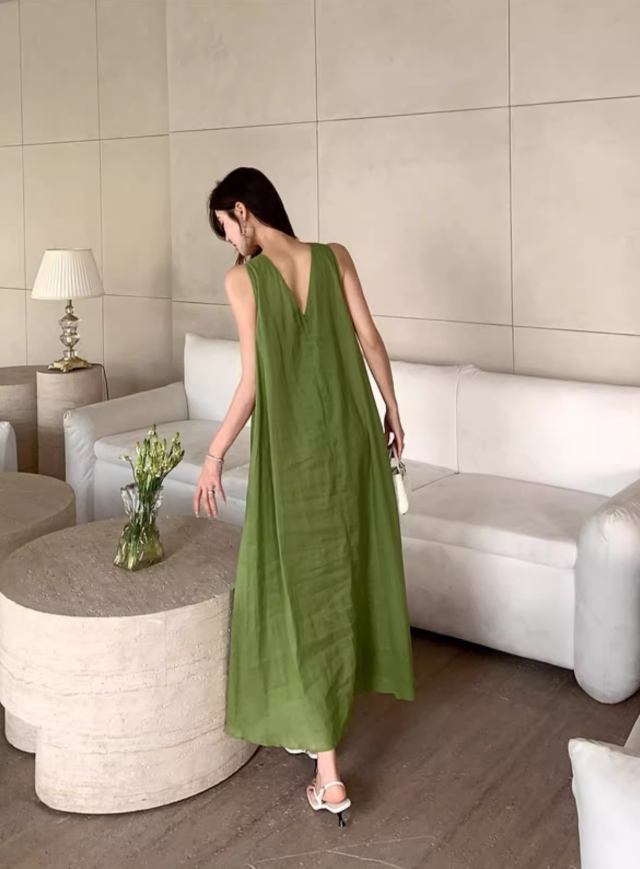 Casual Green V-Back Oversized Maxi Dress Minimalist Soft Fabric Halter Long Dress AP1258