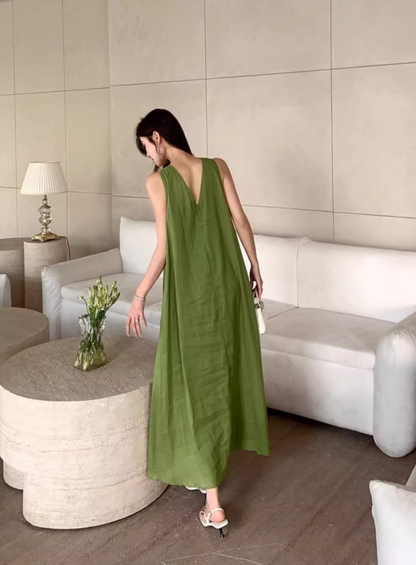 Casual Green V-Back Oversized Maxi Dress Minimalist Soft Fabric Halter Long Dress AP1258