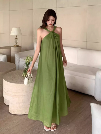 Casual Green V-Back Oversized Maxi Dress Minimalist Soft Fabric Halter Long Dress AP1258