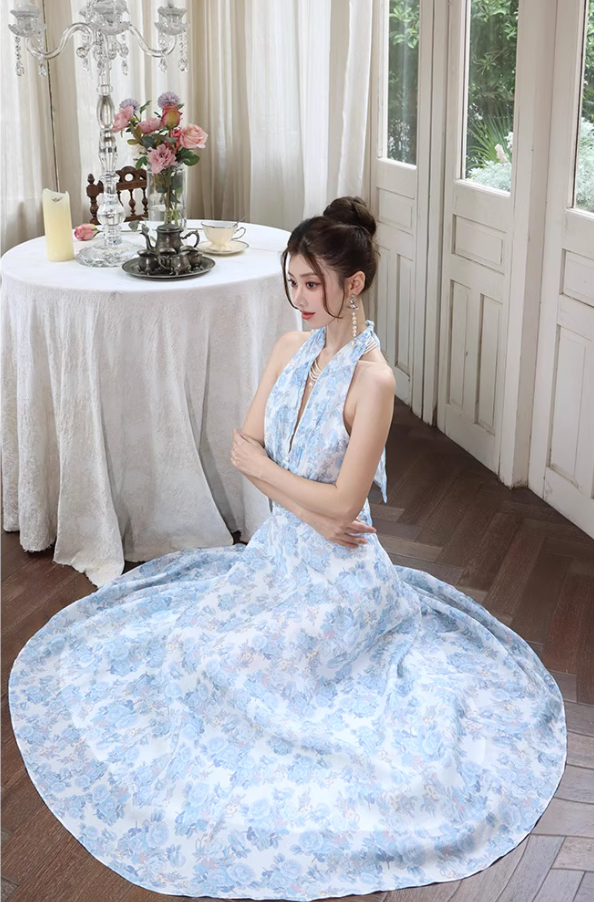 Vintage French Style Blue Floral Print Maxi Dress V-Neck Tie-Back Halter Long Dress AP1259