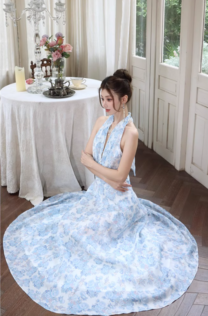 Vintage French Style Blue Floral Print Maxi Dress V-Neck Tie-Back Halter Long Dress AP1259
