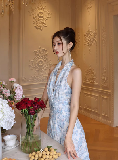 Vintage French Style Blue Floral Print Maxi Dress V-Neck Tie-Back Halter Long Dress AP1259