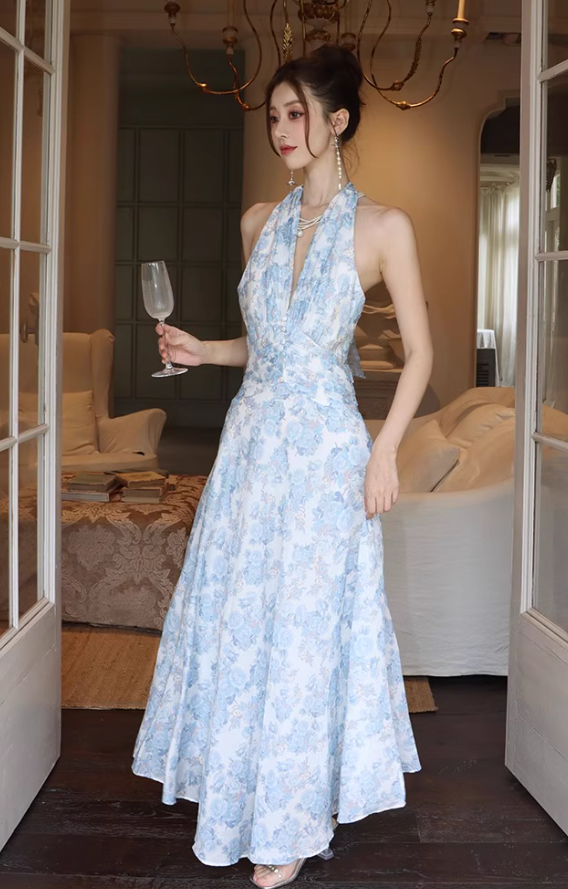 Vintage French Style Blue Floral Print Maxi Dress V-Neck Tie-Back Halter Long Dress AP1259