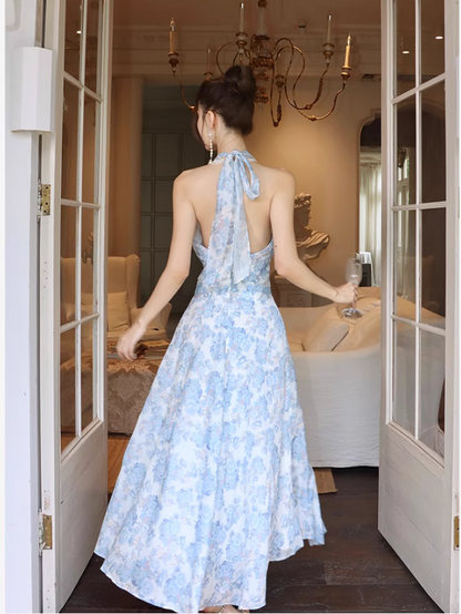 Vintage French Style Blue Floral Print Maxi Dress V-Neck Tie-Back Halter Long Dress AP1259