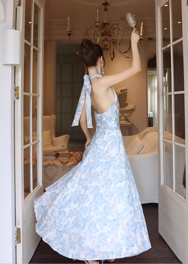 Vintage French Style Blue Floral Print Maxi Dress V-Neck Tie-Back Halter Long Dress AP1259