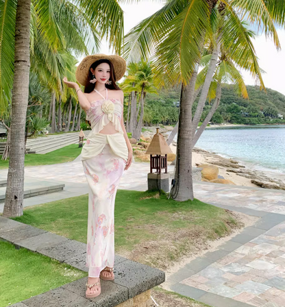 Romantic Ruffles Hem Printed Floral Two-Piece Set Maxi Dress Open-Waist Ruched Mermaid Halter Long Dress AP1260