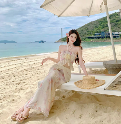 Romantic Ruffles Hem Printed Floral Two-Piece Set Maxi Dress Open-Waist Ruched Mermaid Halter Long Dress AP1260