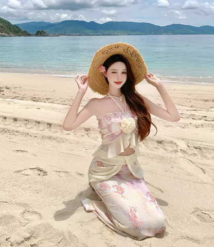 Romantic Ruffles Hem Printed Floral Two-Piece Set Maxi Dress Open-Waist Ruched Mermaid Halter Long Dress AP1260