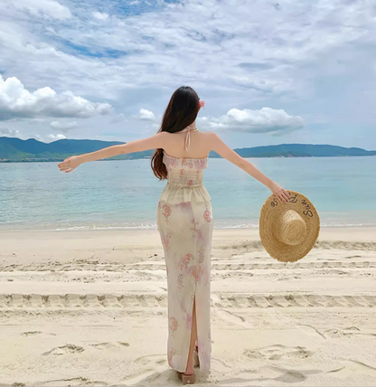 Romantic Ruffles Hem Printed Floral Two-Piece Set Maxi Dress Open-Waist Ruched Mermaid Halter Long Dress AP1260