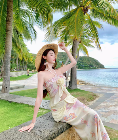 Romantic Ruffles Hem Printed Floral Two-Piece Set Maxi Dress Open-Waist Ruched Mermaid Halter Long Dress AP1260