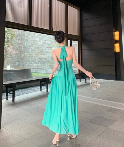 Chic Soft Fabric Cinched-Waist Maxi Dress Open Back Flexible Sheer Tulle Overlay Halter Long Dress AP1261