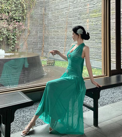 Chic Soft Fabric Cinched-Waist Maxi Dress Open Back Flexible Sheer Tulle Overlay Halter Long Dress AP1261