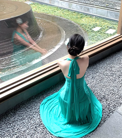 Chic Soft Fabric Cinched-Waist Maxi Dress Open Back Flexible Sheer Tulle Overlay Halter Long Dress AP1261