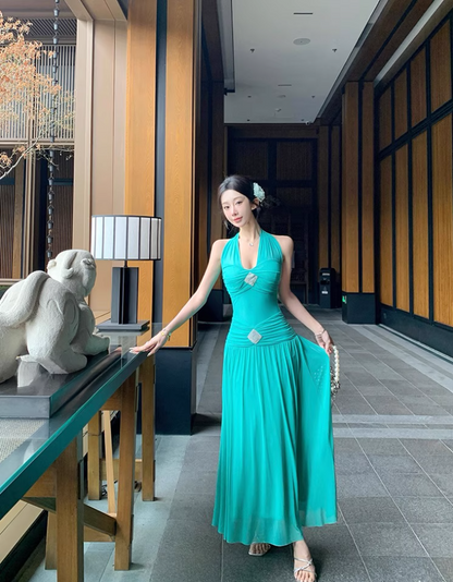 Chic Soft Fabric Cinched-Waist Maxi Dress Open Back Flexible Sheer Tulle Overlay Halter Long Dress AP1261