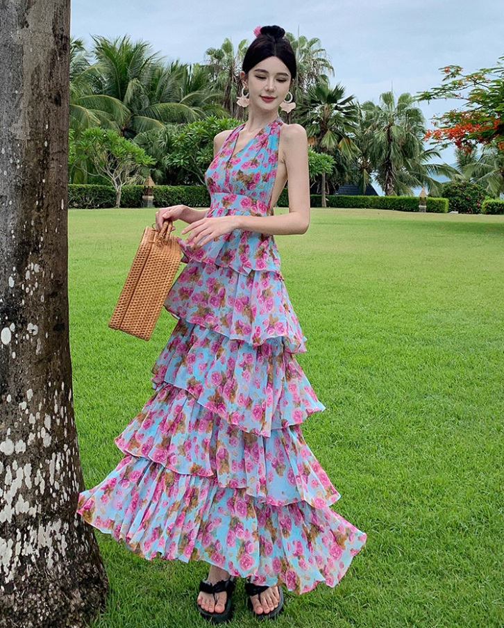 Fairycore Tiered Ruffles Summer Outfit Maxi Dress Open Back V-Neck Floral Print Halter Long Dress AP1262