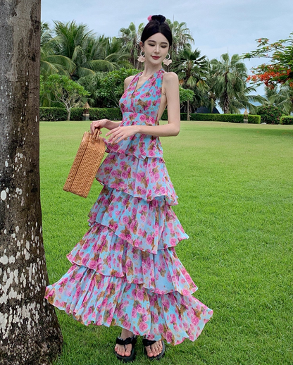 Fairycore Tiered Ruffles Summer Outfit Maxi Dress Open Back V-Neck Floral Print Halter Long Dress AP1262
